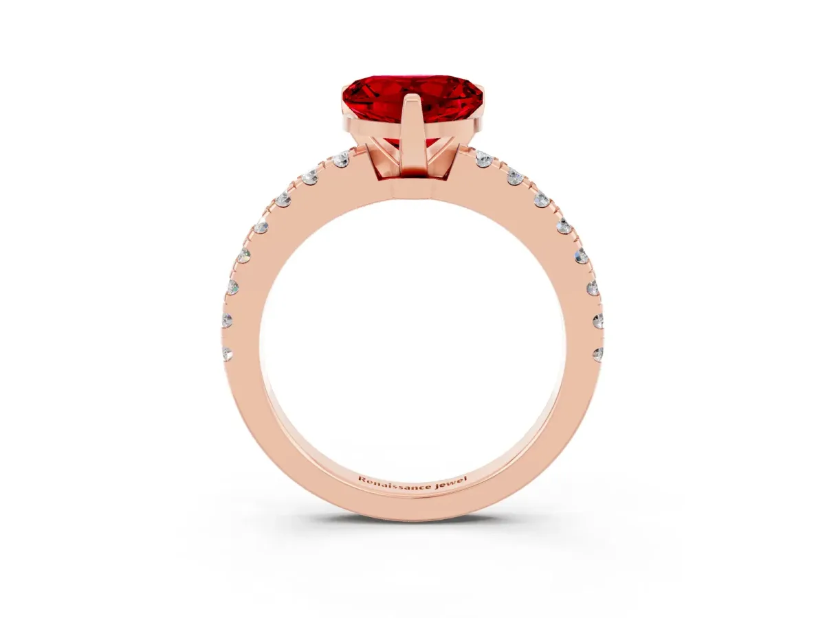 Heart Cut Solitaire Ruby with Pavé Band and Four-Prong Setting Rose gold