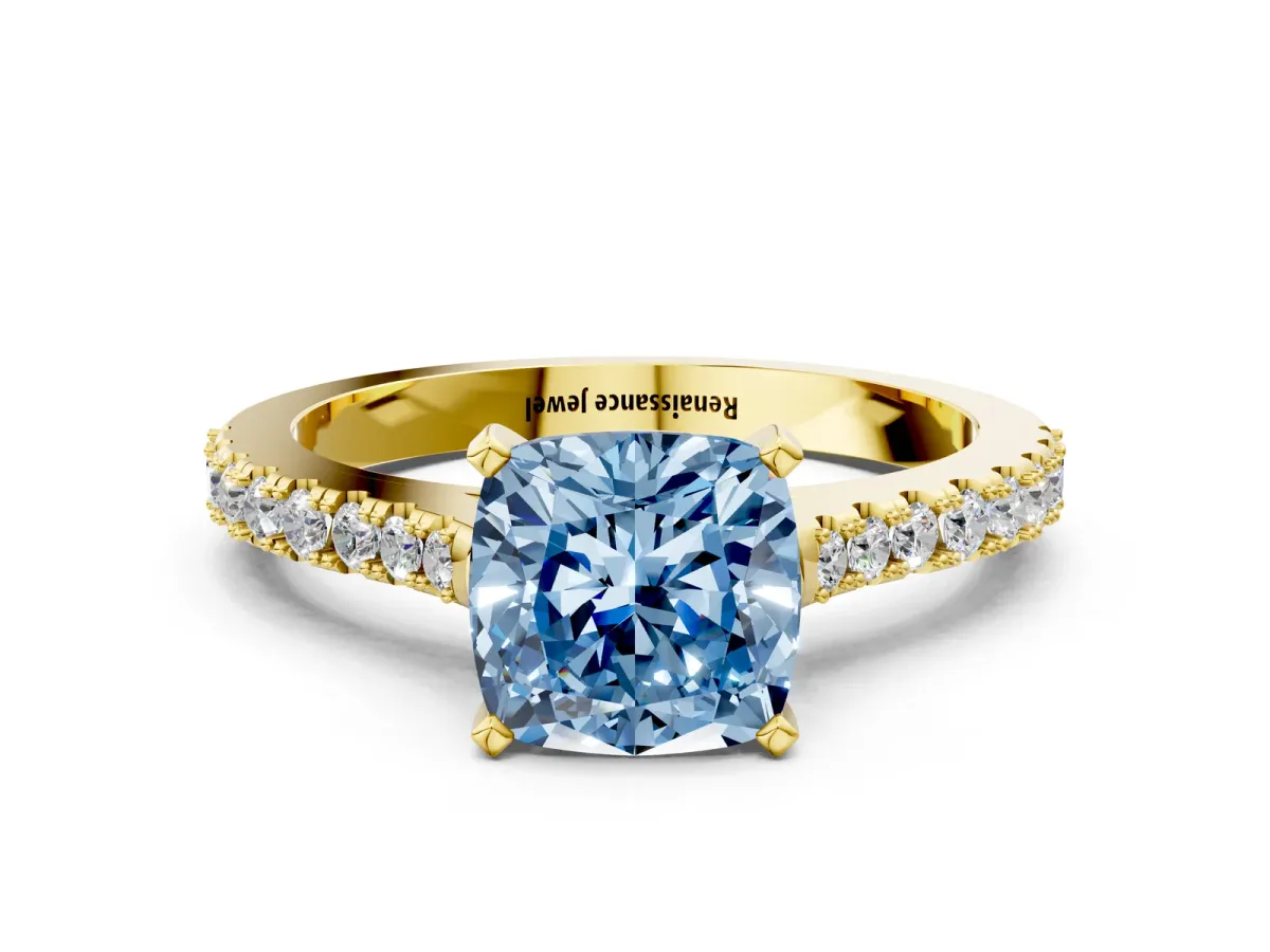 Fancy Blue Cushion Cut Cut Solitaire Diamond Engagement Ring with Pave Band and Four-Prong Setting Yellow gold