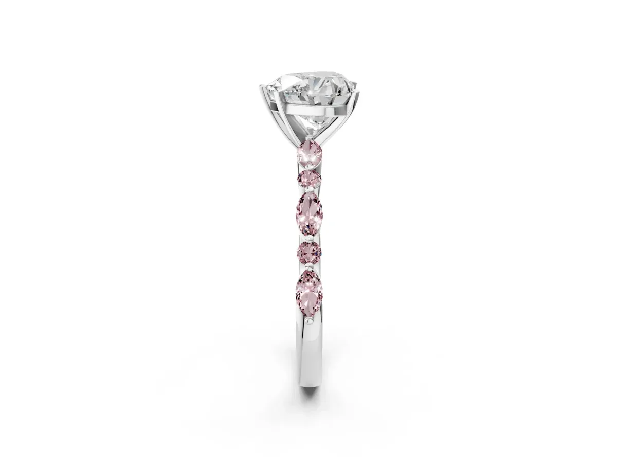 Heart Cut Diamond Ring with Marquise and Round Morganite Side Stones and Four-Prong Setting White gold