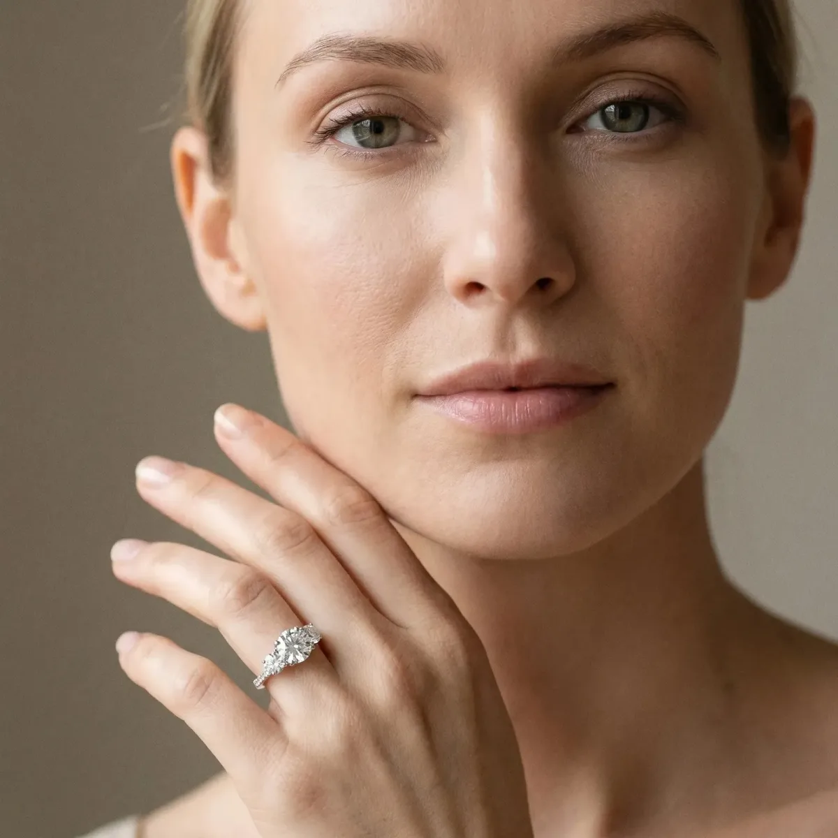 Round Cut Diamond Three-Stone Ring with Prong Setting and Pavé Band Silver