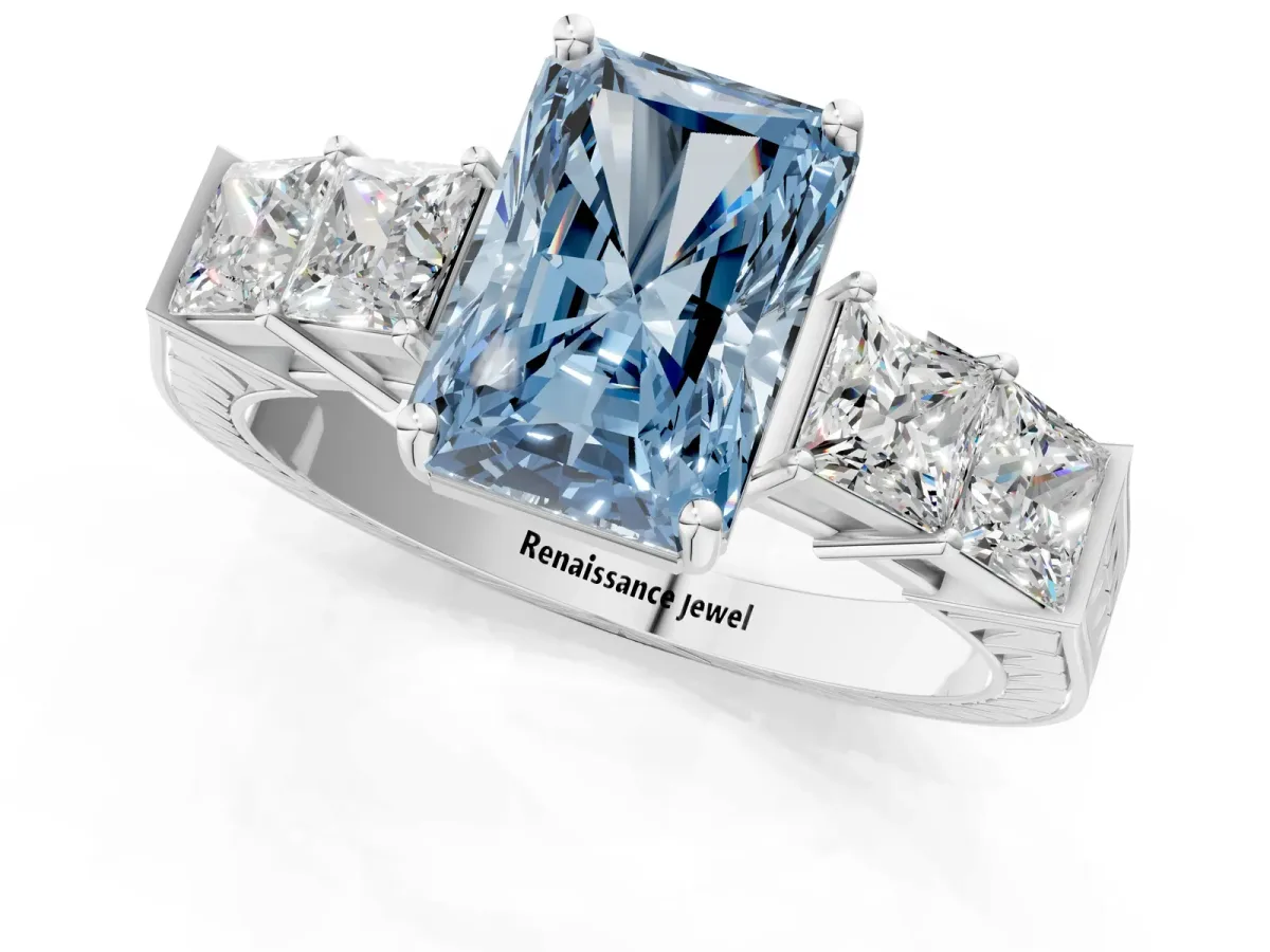 Fancy Blue Radiant Cut Solitaire Princess Side Stone Engraved Band Prong Setting Ring Platinum