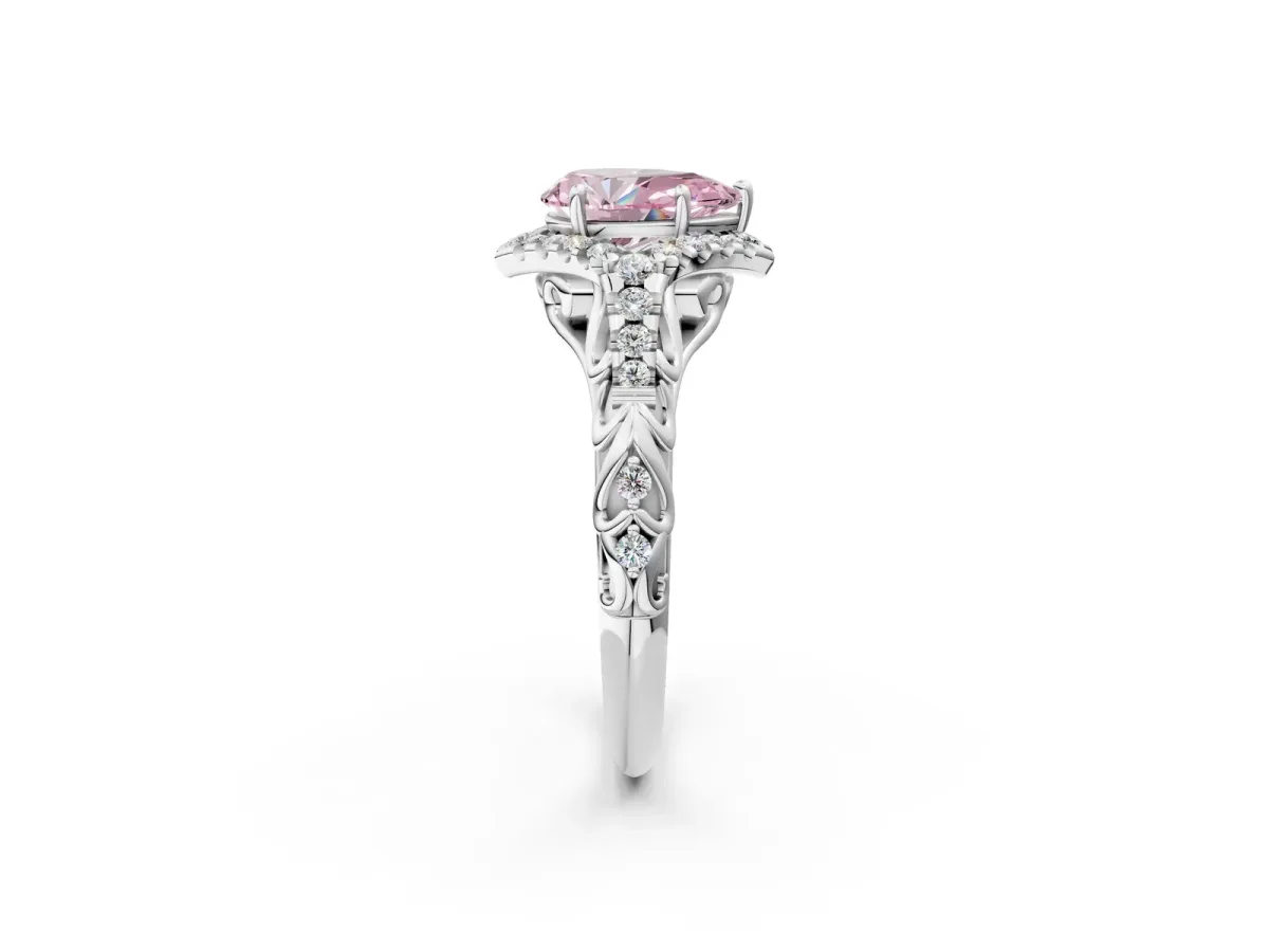 Fancy Pink Pear Cut Diamond Solitaire Ring with Hidden Halo and Pavé Band White gold