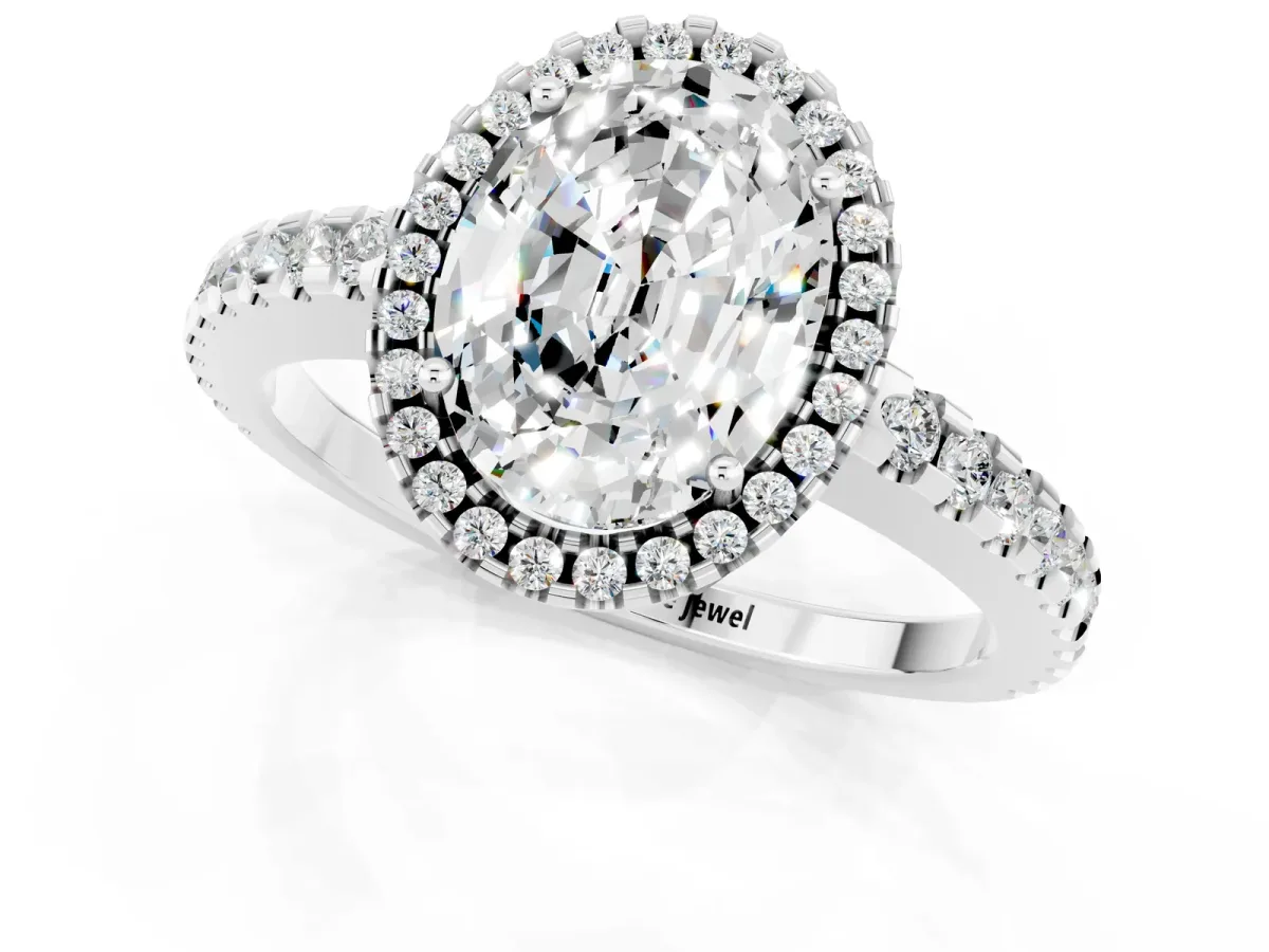 Oval Cut Moissanite Halo Engagement Ring with Pavé Band and Prong Setting White gold