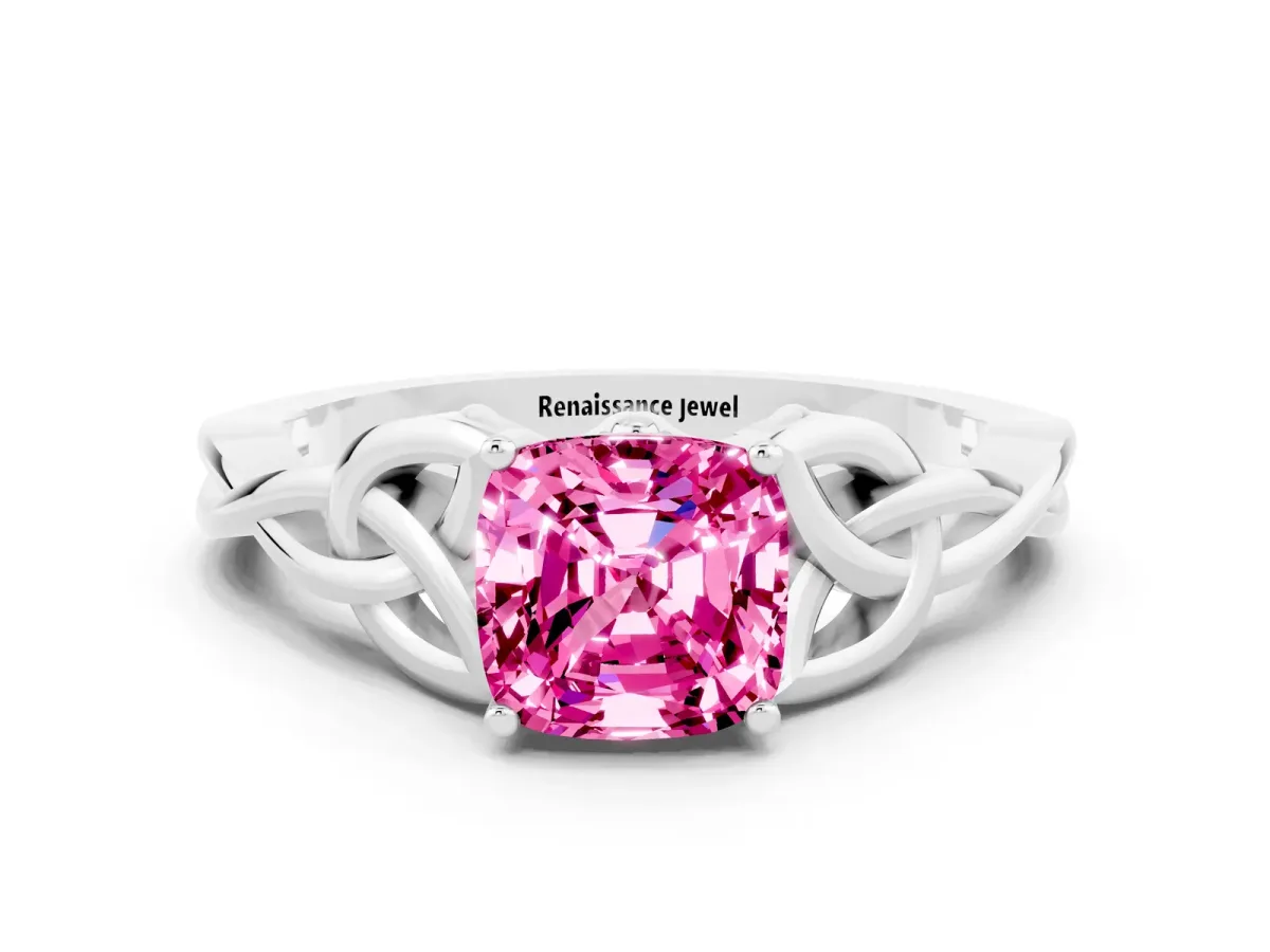 Cushion Cut Pink Sapphire Solitaire Engagement Ring with Celtic Knot Band and Four-Prong Setting White gold