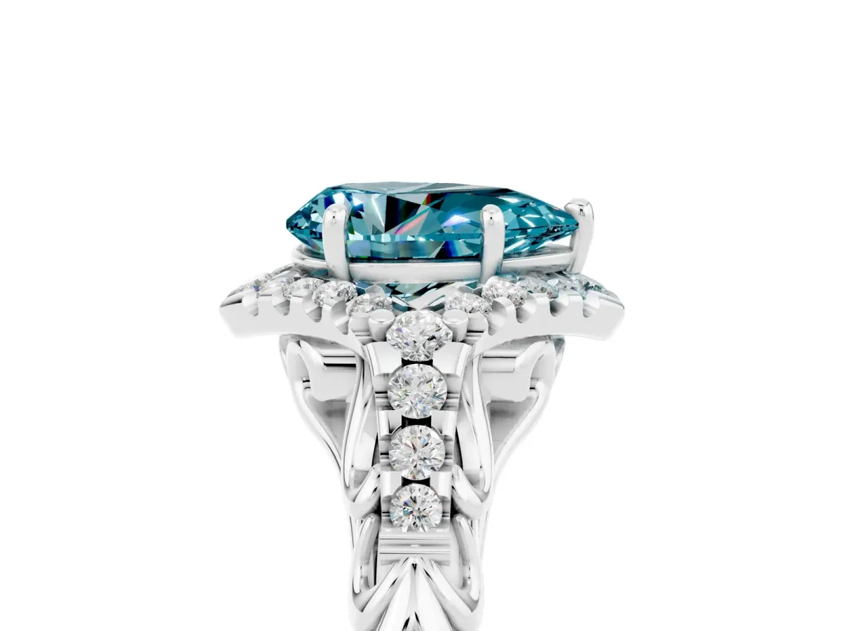 Pear Cut Blue Topaz Solitaire Ring with Hidden Halo and Pavé Band White gold