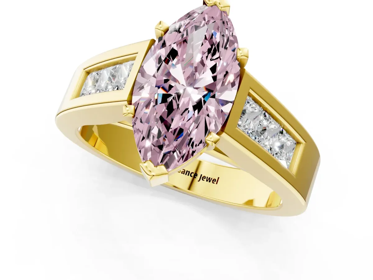 Fancy Pink Marquise Cut Cut Channel Set Solitaire Ring with Four-Prong Setting Yellow gold