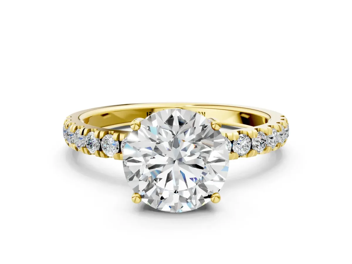 Round Cut Diamond Pave Band Solitaire Ring with Round Moissanite and Prong Setting Yellow gold