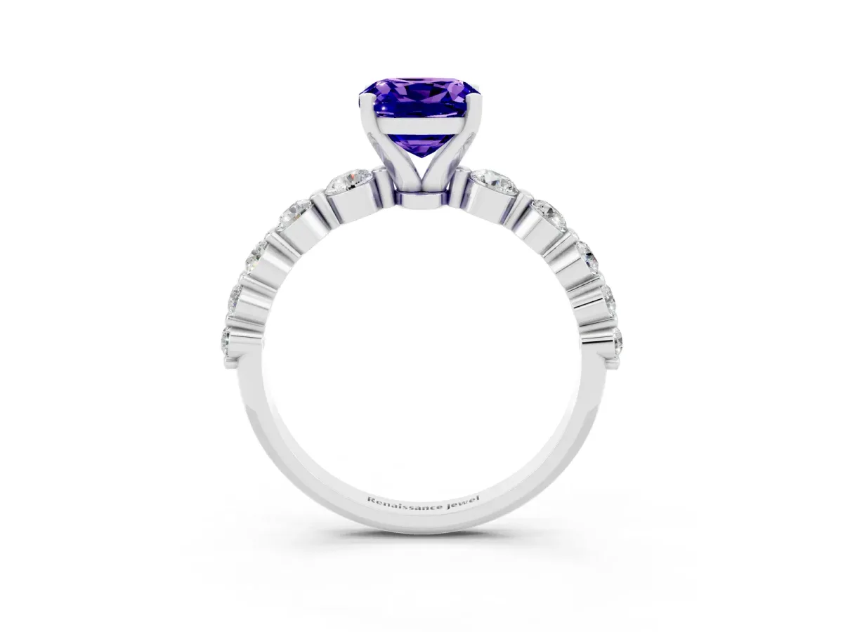 Cushion Cut Solitaire Tanzanite Ring with Pave Band and Four-Prong Setting Silver