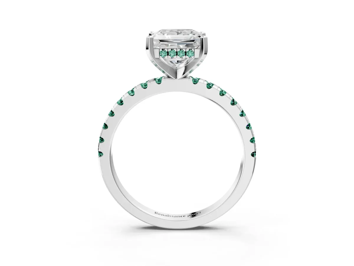 Princess Cut Diamond Solitaire Ring with Round Green Sapphire Pavé Band and Four-Prong Setting White gold
