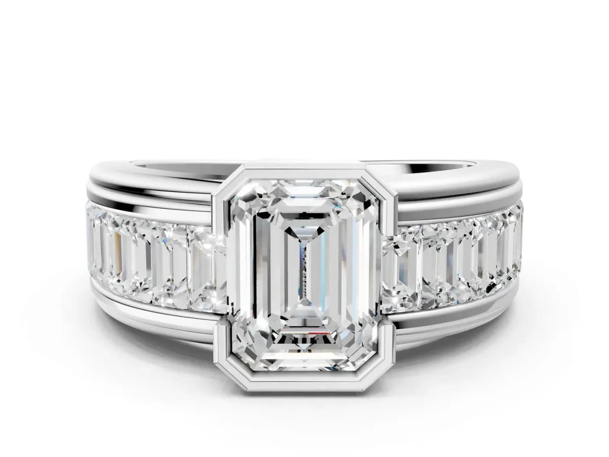 Emerald Cut Diamond Side Stone Engagement Ring White gold