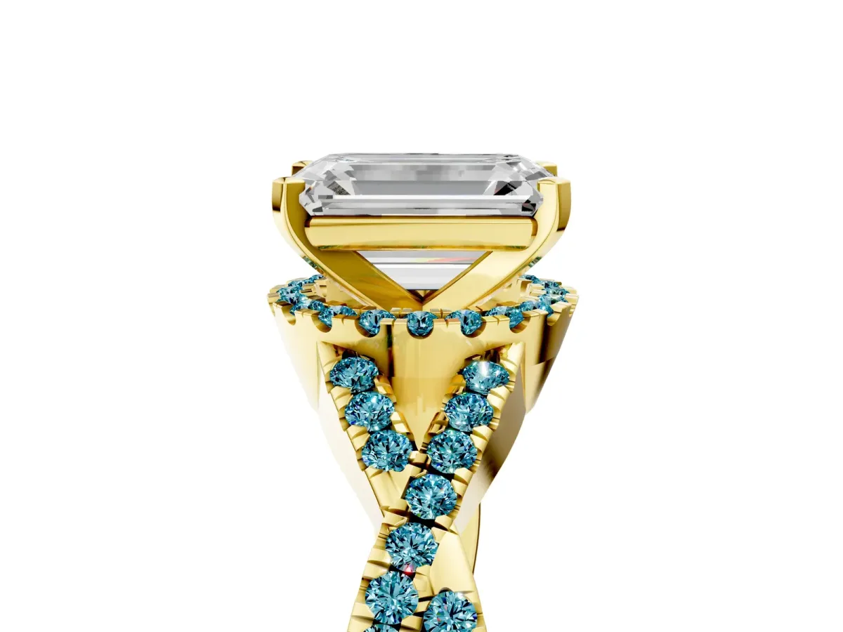 Emerald Cut Diamond Blue Topaz Halo Twist Band Solitaire Prong Setting Ring Yellow gold