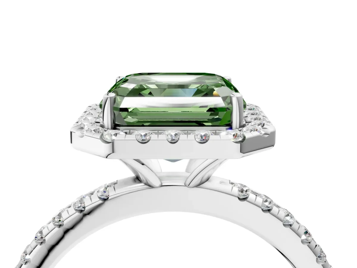 Fancy Green Asscher Cut Diamond Halo Engagement Ring with Round Pavé Band and Prong Setting Platinum