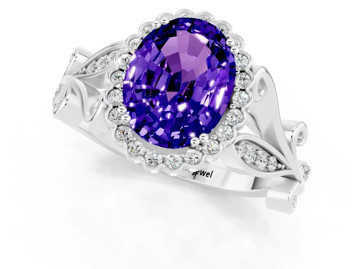 Oval Cut Tanzanite Halo Ring with Vintage Split Shank and Four-Prong Setting Silver