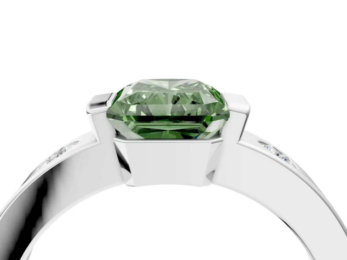 Fancy Green Radiant Cut Brilliant Channel-Set Diamond Ring with Bezel Prong Setting Platinum