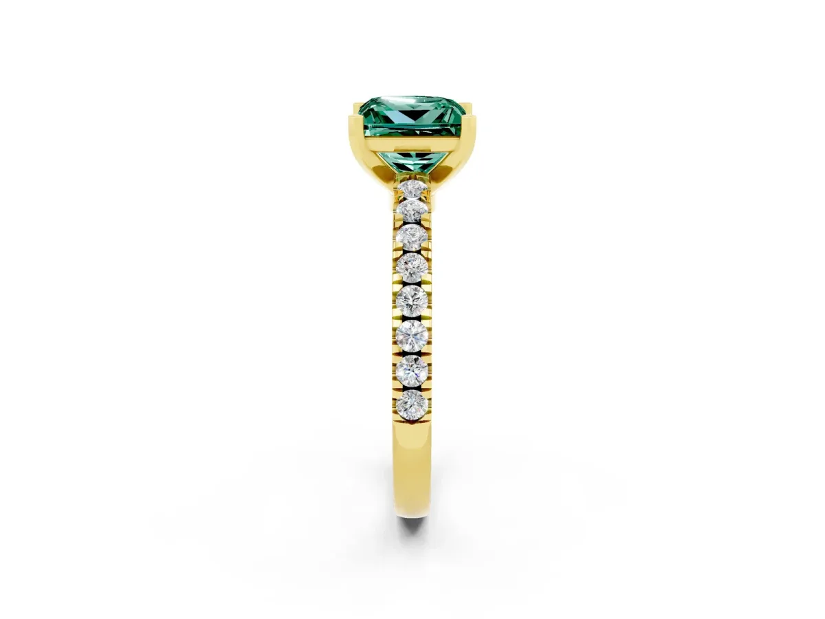 Princess Cut Solitaire Green Sapphire with Pavé Band and Four-Prong Setting Yellow gold