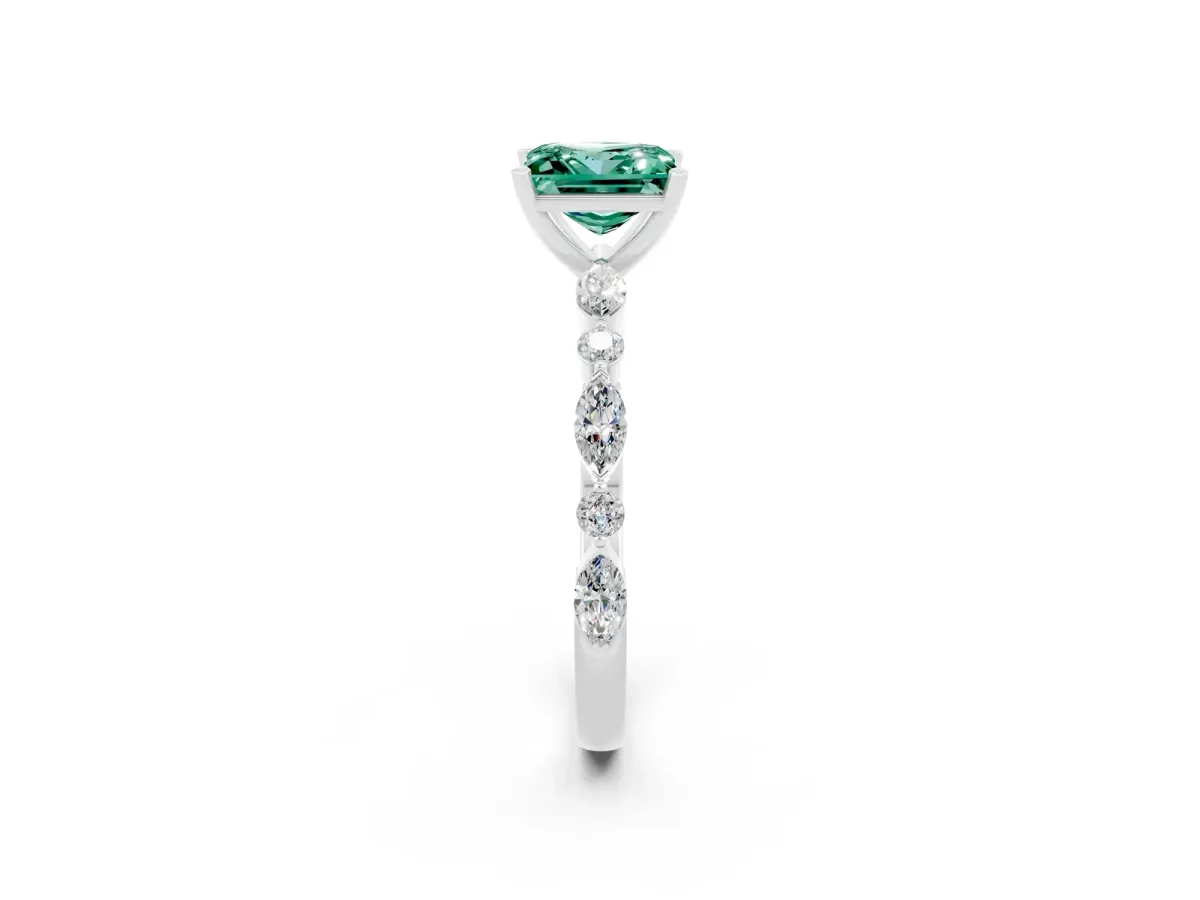 Princess Cut Green Sapphire Ring with Marquise and Round Side Stones and Four-Prong Setting Platinum