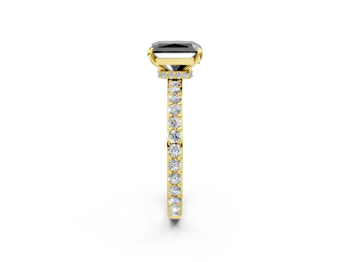Fancy Black Radiant Cut Diamond Solitaire Engagement Ring with Pavé Band and Four-Prong Setting Yellow gold