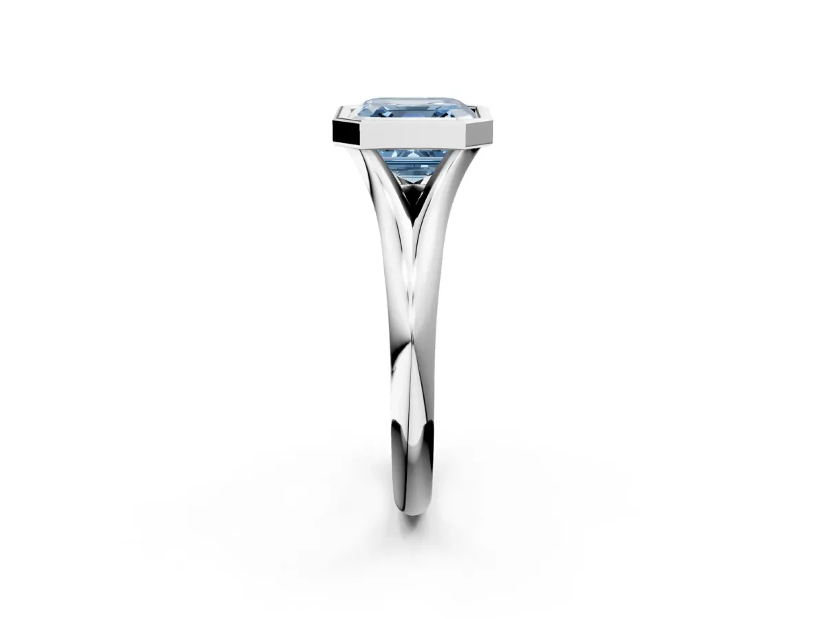 Fancy Blue Bezel Set Asscher Cut Solitaire Diamond Ring with Smooth Band Platinum