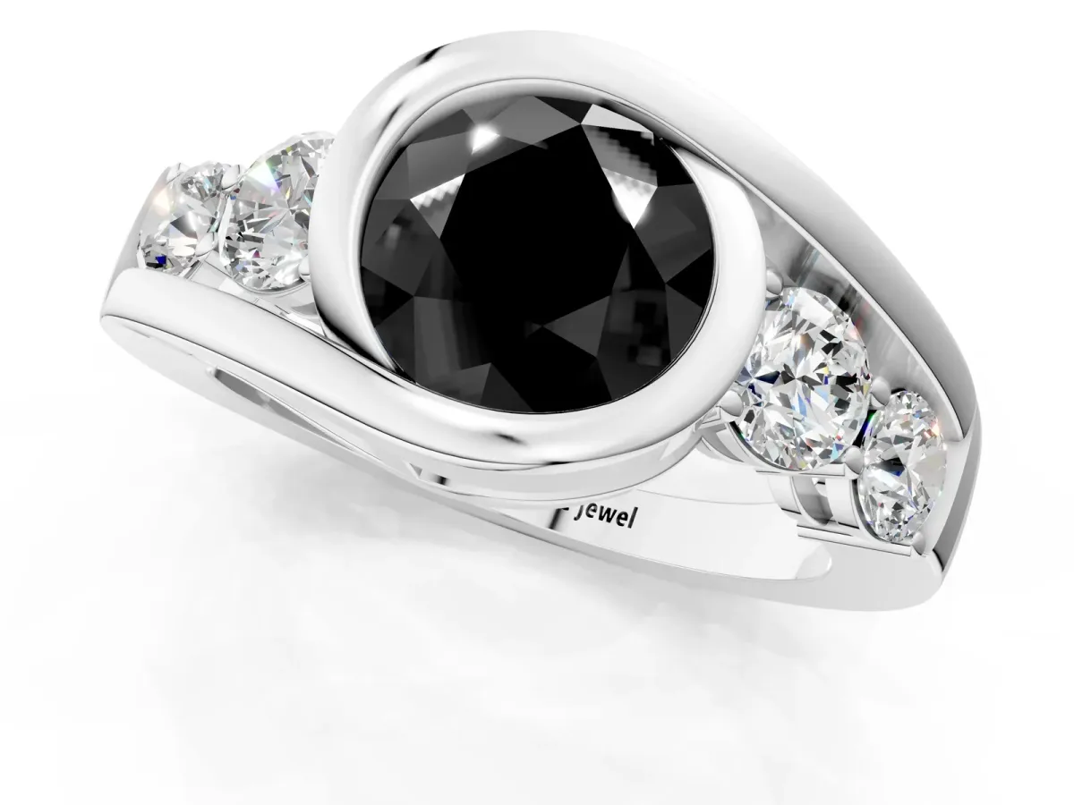 Fancy Black Bezel Set Round Cut Diamond Bypass Ring with Round Accents Silver