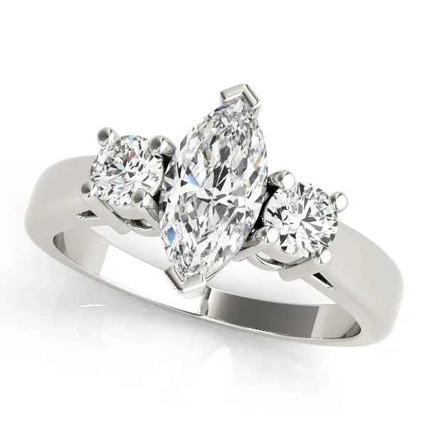 Three-Stone Radiant Cut Diamond Solitaire with Round Accents and Prong Setting on a Classic Band White gold