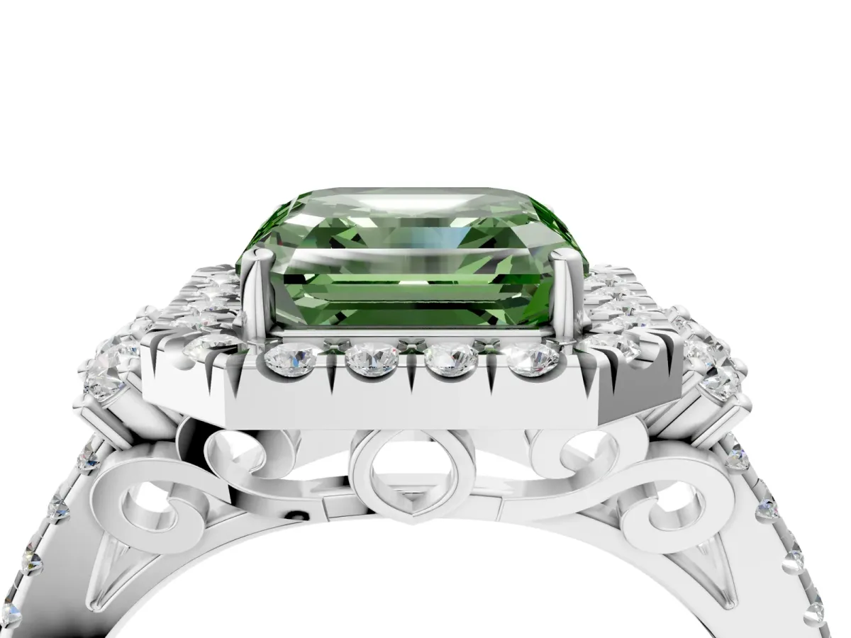 Fancy Green Asscher Cut Cut Double Halo Diamond Engagement Ring with Pave Band and Four-Prong Setting Platinum