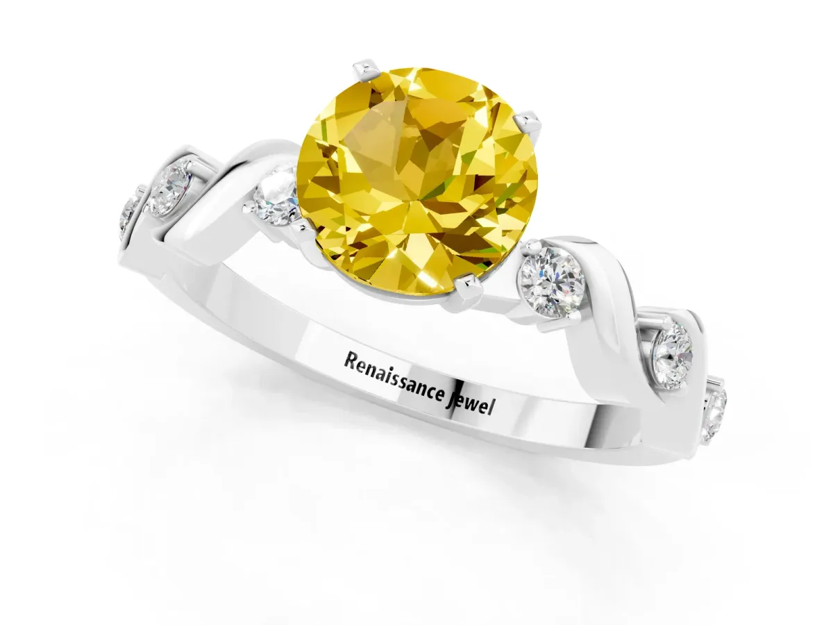 Round Cut Yellow Sapphire Solitaire Twisted Band with Round Accents and Prong Setting White gold