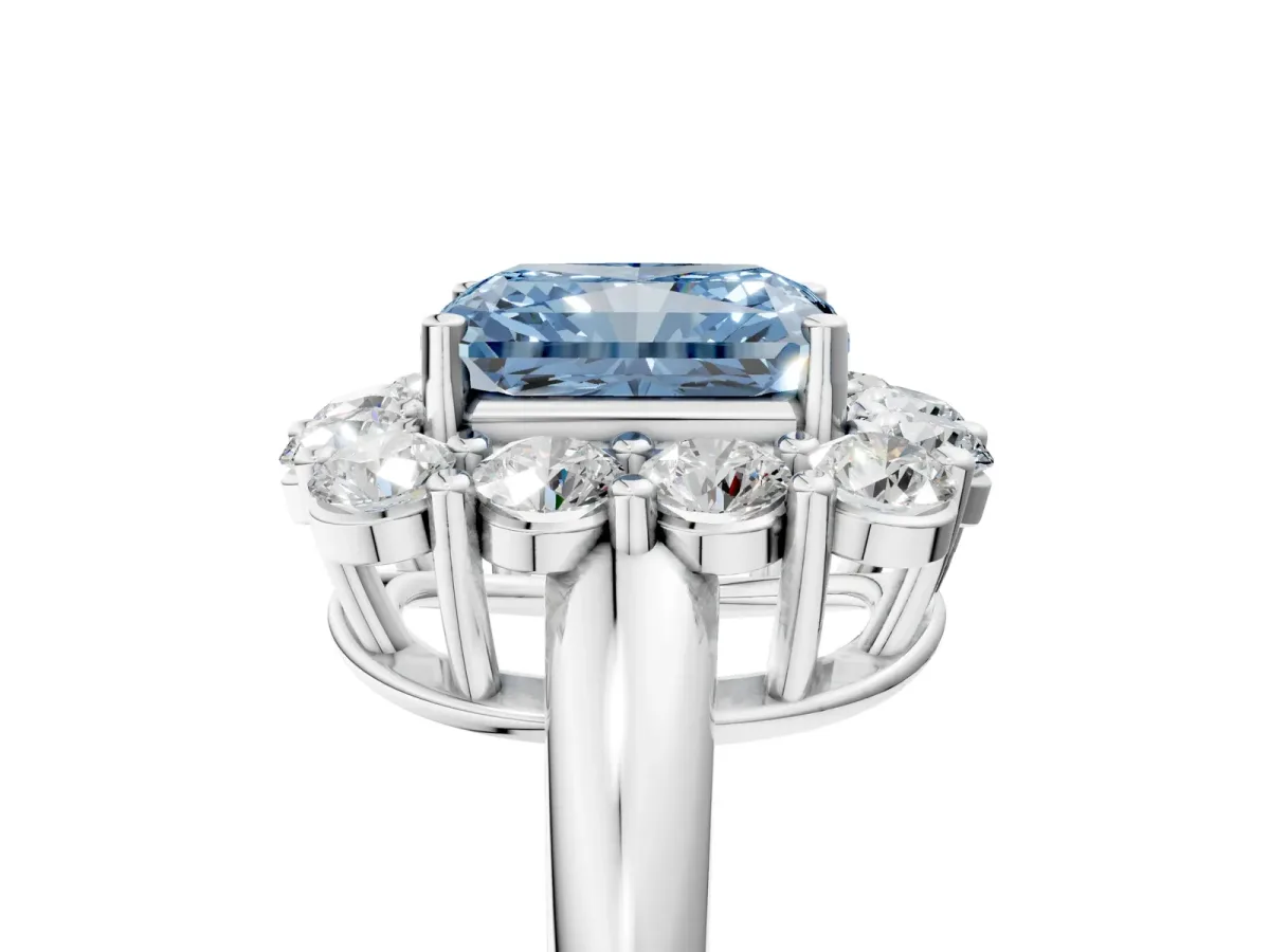 Fancy Blue Radiant Cut Halo Cluster Diamond Engagement Ring with Prong Setting and Polished Band Platinum