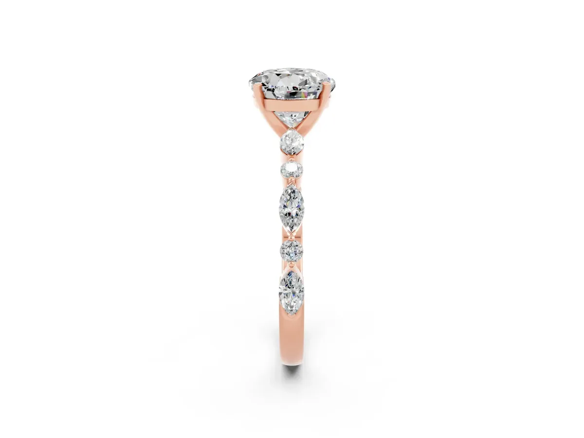 Round Cut Moissanite Ring with Marquise and Round Side Stones and Four-Prong Setting Rose gold
