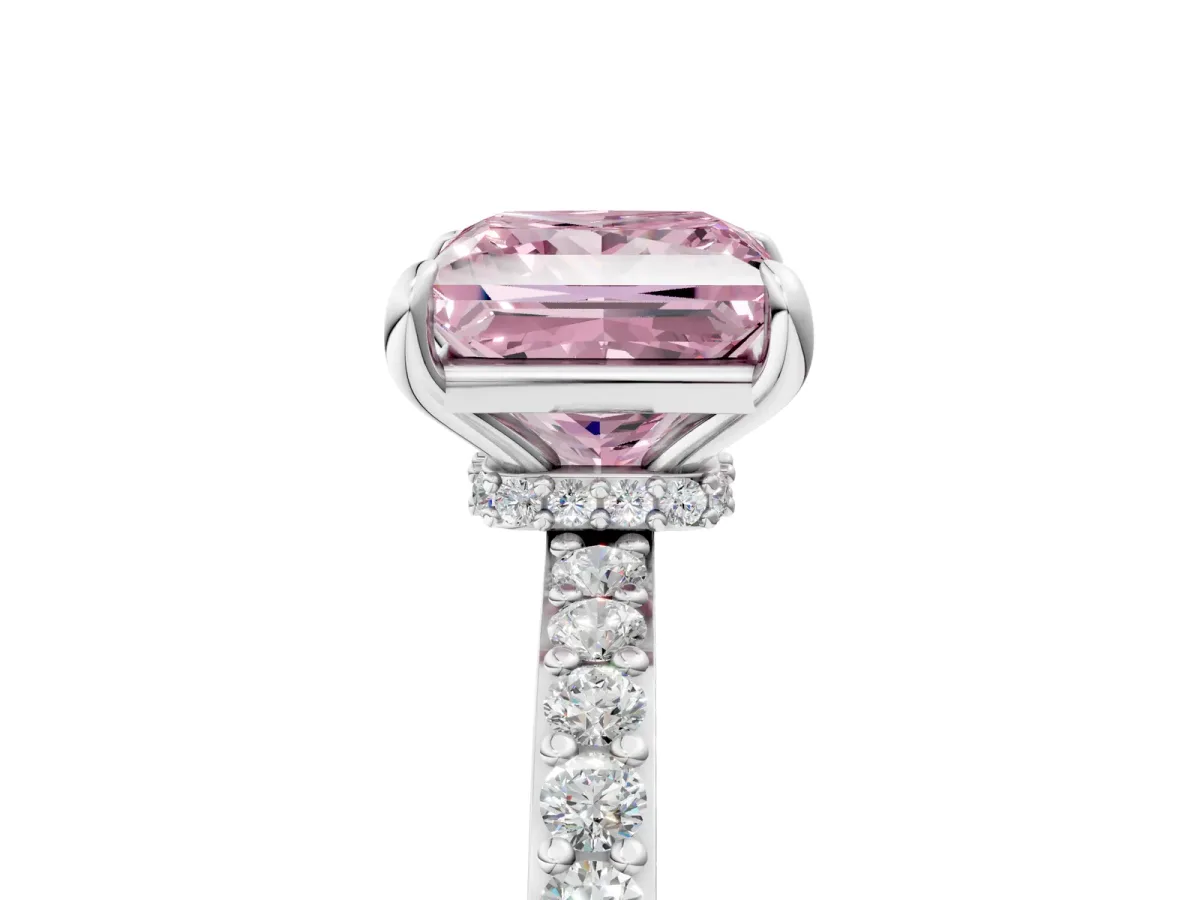 Fancy Pink Princess Cut Diamond Solitaire Engagement Ring with Pavé Band and Four-Prong Setting White gold
