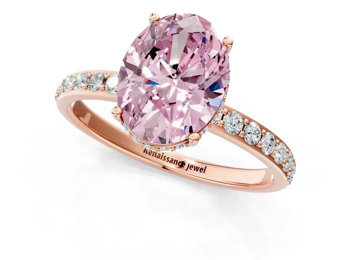 Fancy Pink Oval Cut Diamond Solitaire Ring with Pavé Band and Hidden Halo Rose gold