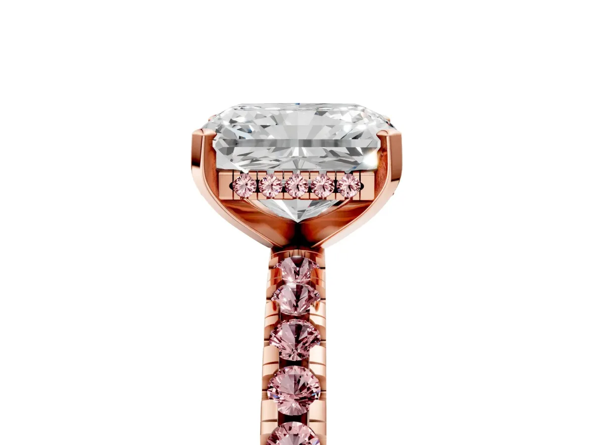 Radiant Cut Diamond Solitaire Ring with Round Morganite Pavé Band and Four-Prong Setting Rose gold
