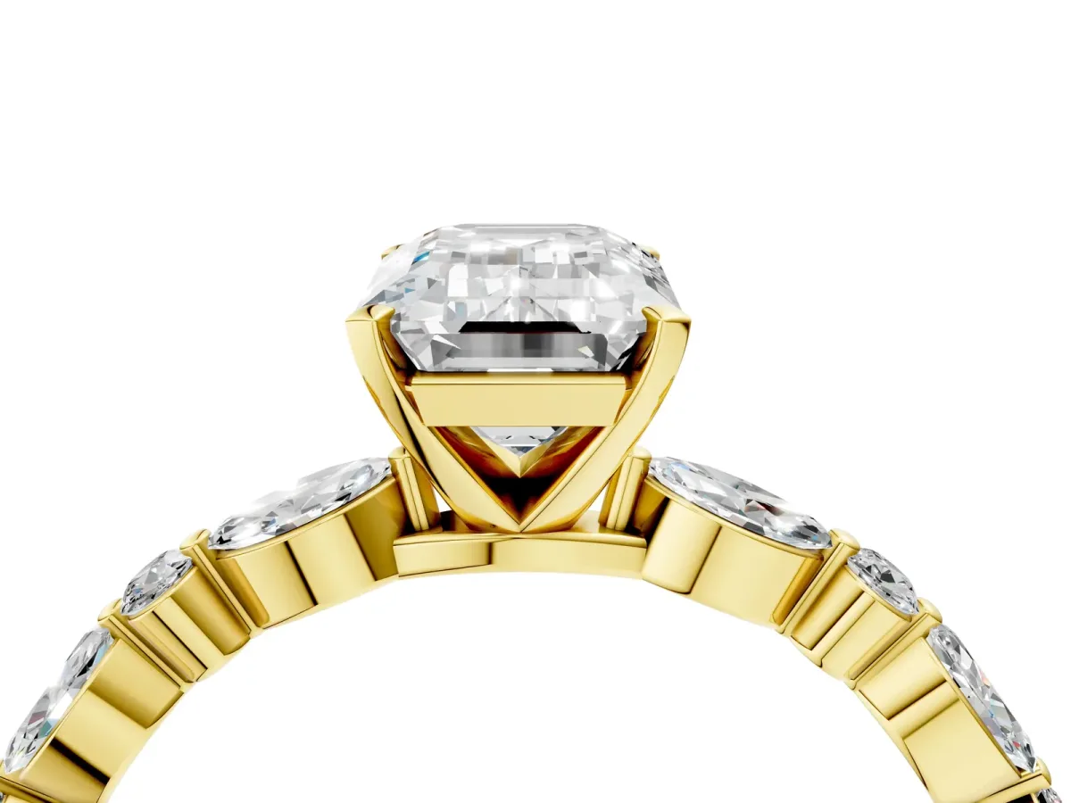 Emerald Cut Diamond Ring with Marquise and Round Moissanite Side Stones and Four-Prong Setting Yellow gold