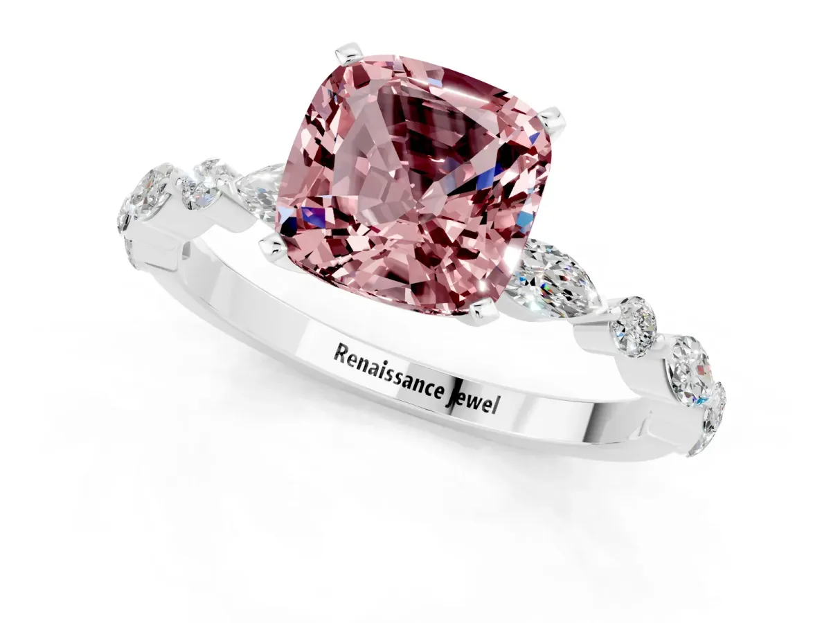 Cushion Cut Morganite Ring with Marquise and Round Side Stones and Four-Prong Setting White gold