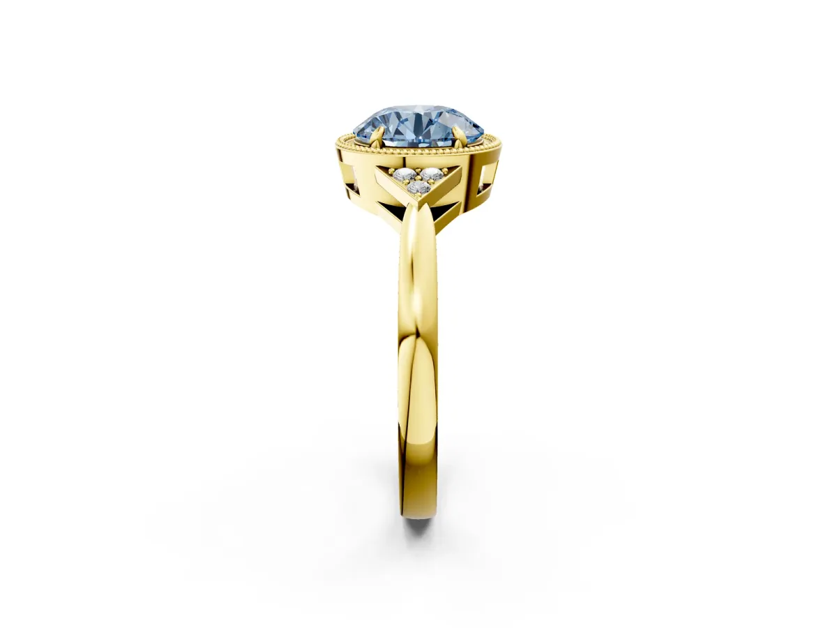 Fancy Blue Milgrain Round Cut Cut Diamond Ring with Tapered Pave Band and Four Prong Setting Yellow gold