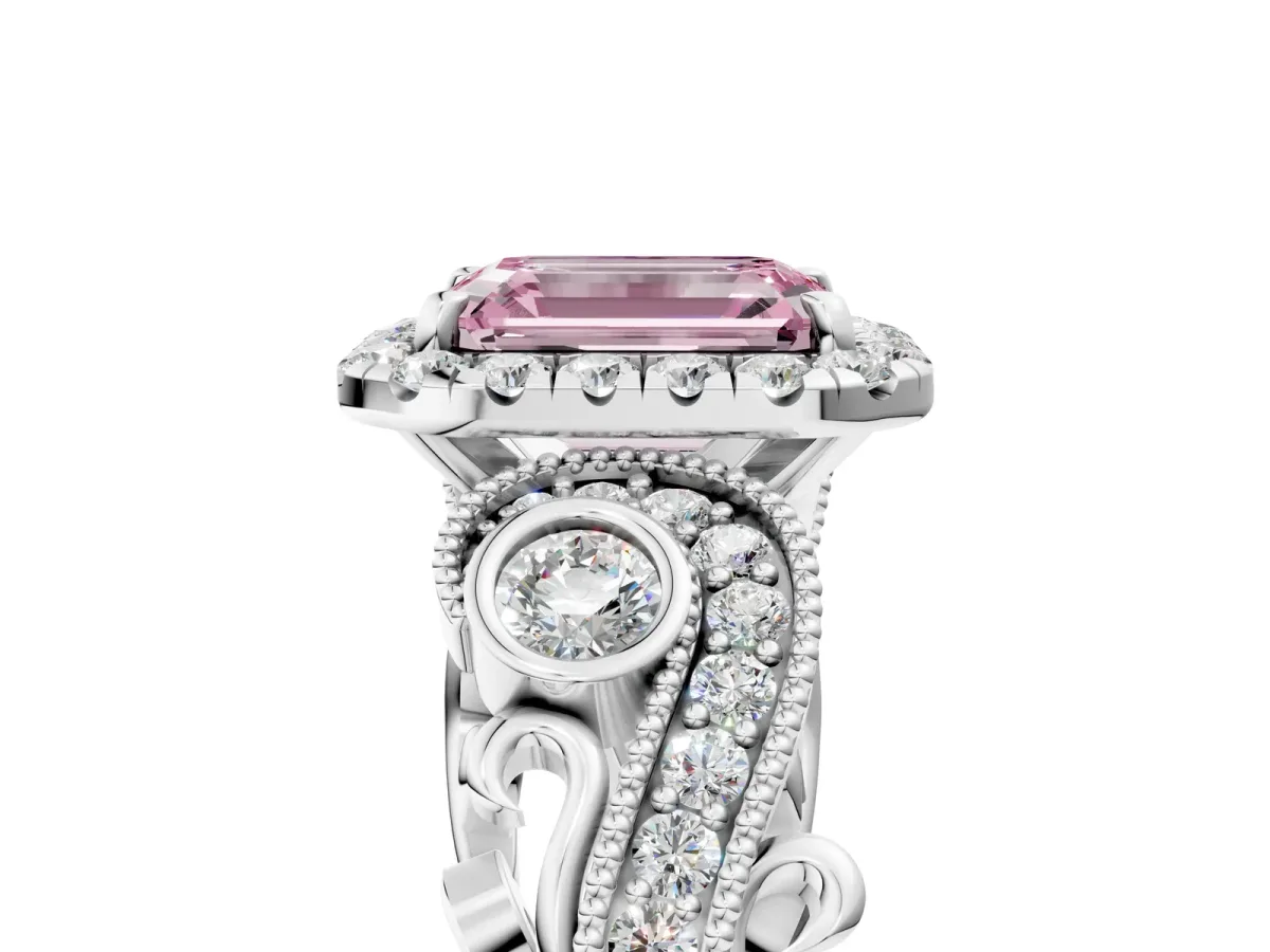 Fancy Pink Emerald Cut Diamond Halo Ring with Milgrain Pavé Band and Four-Prong Setting White gold