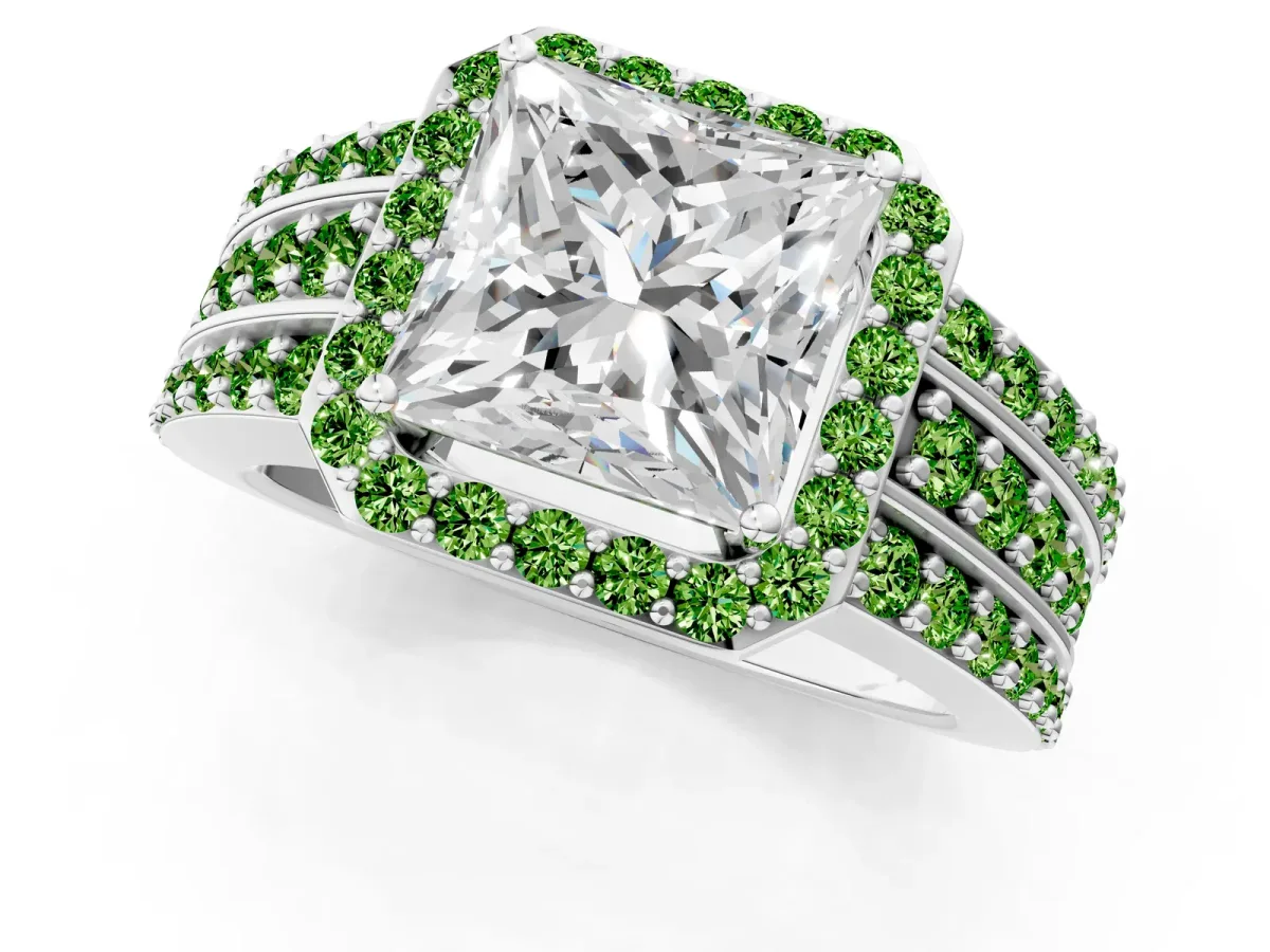 Princess Cut Halo Diamond Ring with Round Peridot Split Shank and Prong Setting White gold