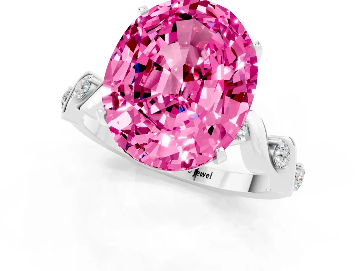 Oval Cut Pink Sapphire Solitaire Twisted Band with Round Accents and Prong Setting White gold
