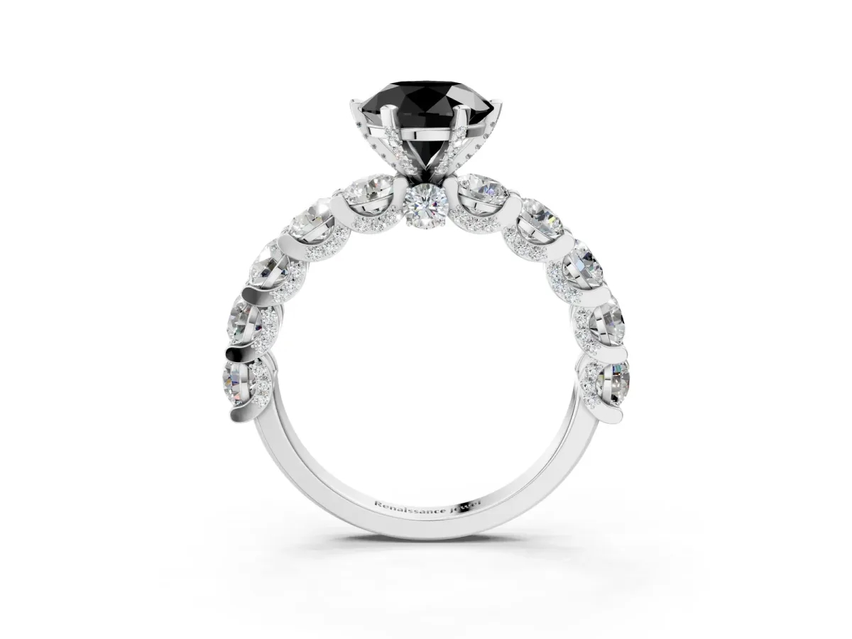 Fancy Black Round Cut Diamond Side Stone Engagement Ring with Four-Prong Setting Platinum