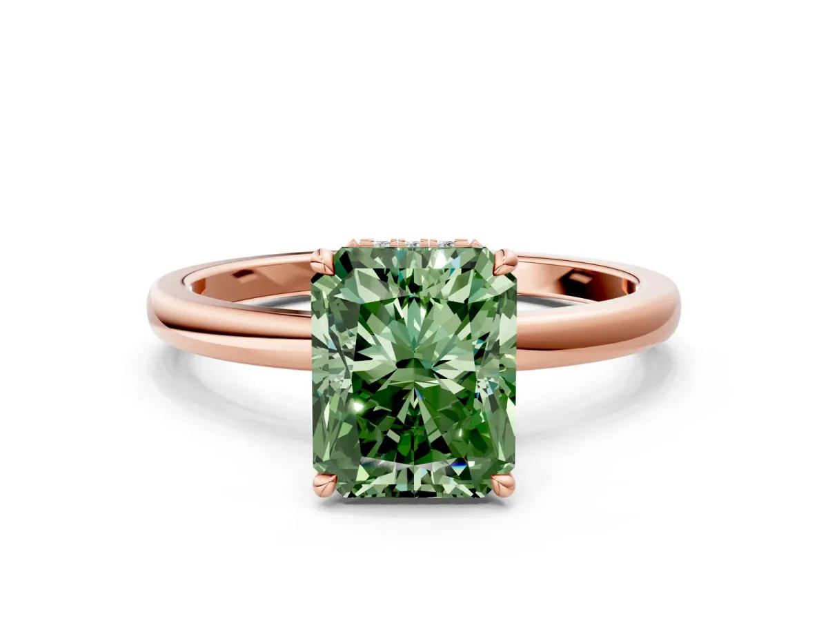 Fancy Green Radiant Cut Solitaire Engagement Ring with Cathedral Band and Four-Prong Setting Rose gold