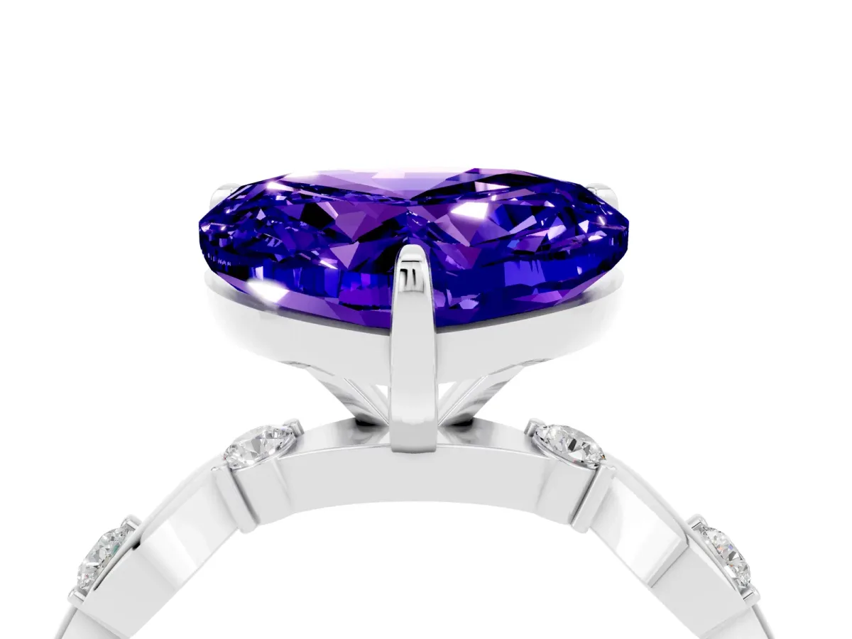 Heart Cut Tanzanite Solitaire Twisted Band with Round Accents and Prong Setting White gold