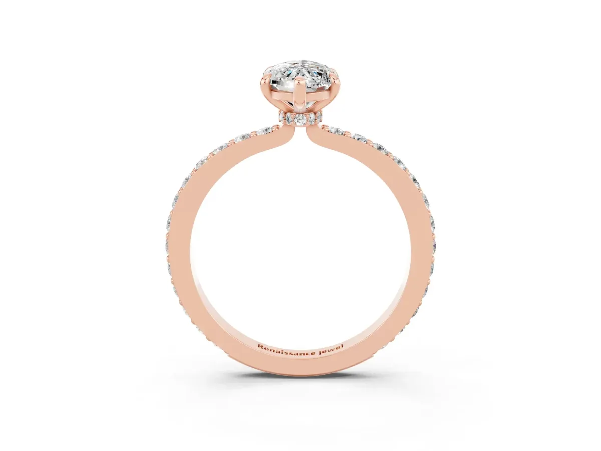 Marquise Cut Moissanite Solitaire Engagement Ring with Pavé Band and Four-Prong Setting Rose gold