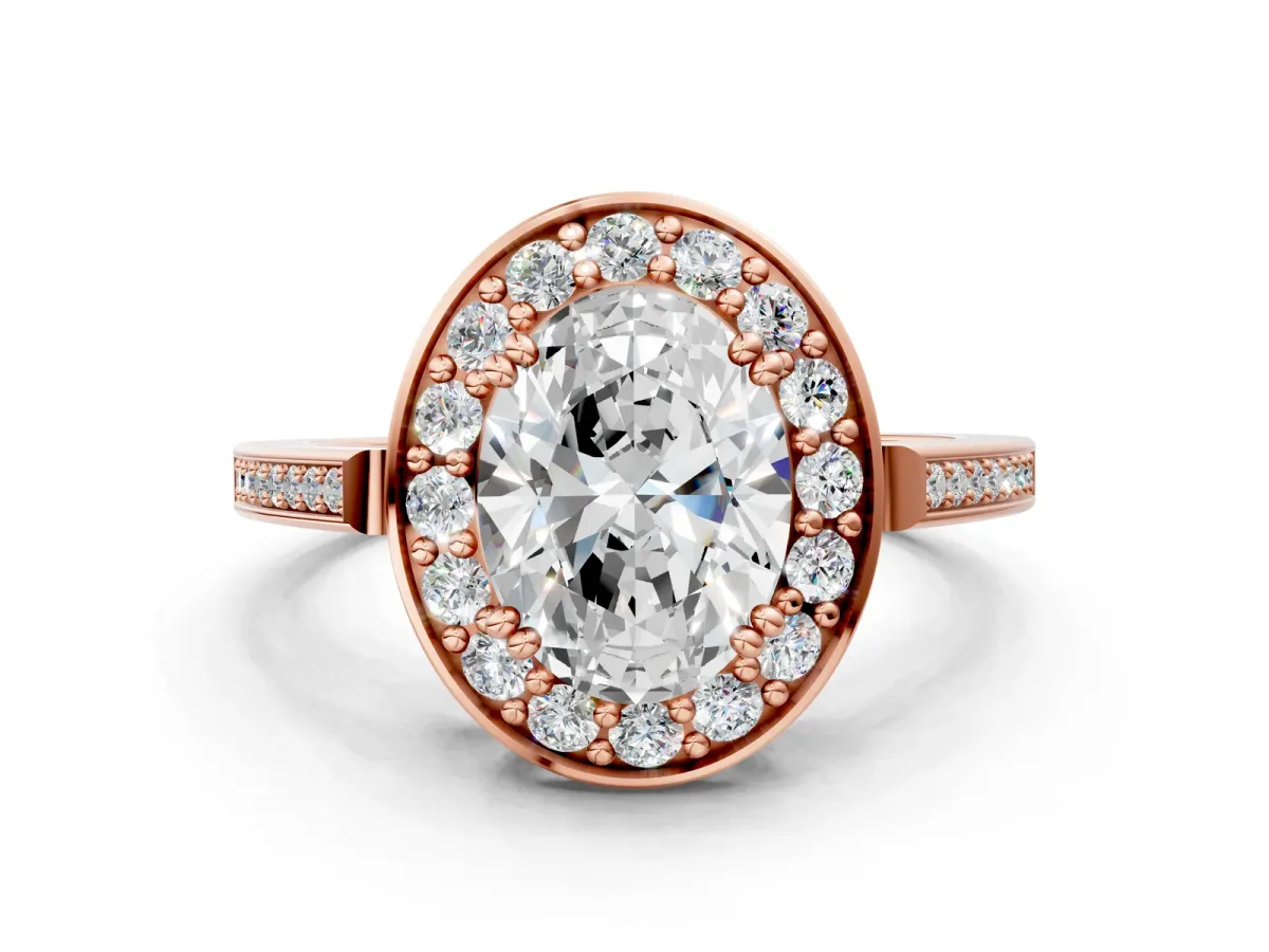 Oval Cut Diamond Halo Ring with Split Shank and Four-Prong Setting Rose gold