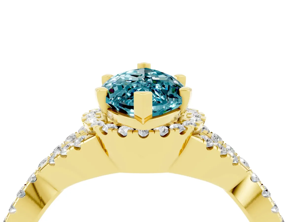 Marquise Cut Blue Topaz Halo Twist Band Solitaire Prong Setting Ring Yellow gold