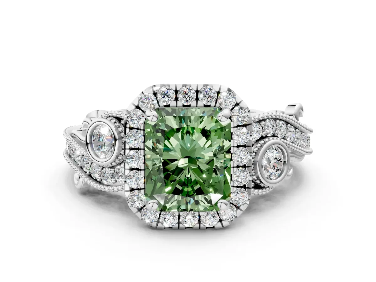 Fancy Green Radiant Cut Diamond Halo Ring with Milgrain Pavé Band and Four-Prong Setting White gold