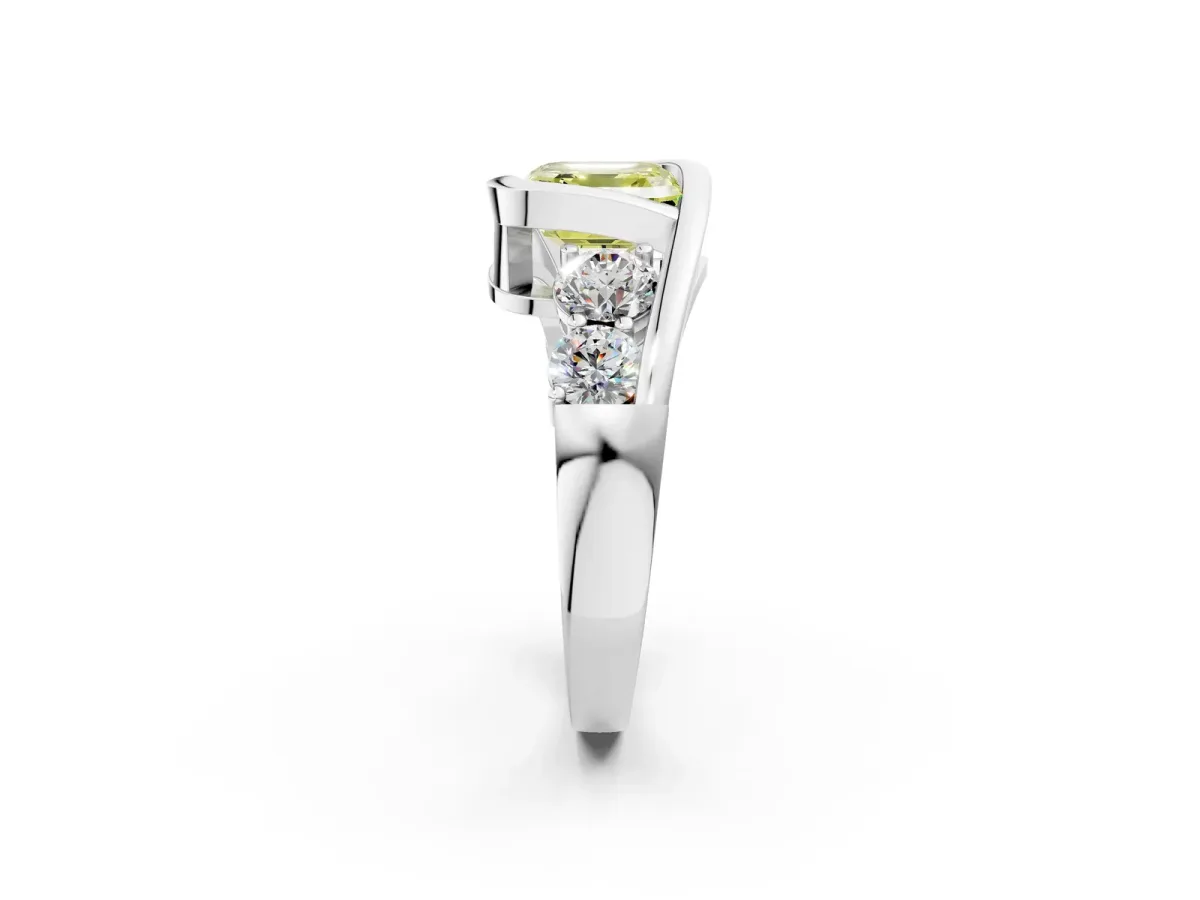 Fancy Yellow Bezel Set Asscher Cut Diamond Bypass Ring with Round Accents Silver