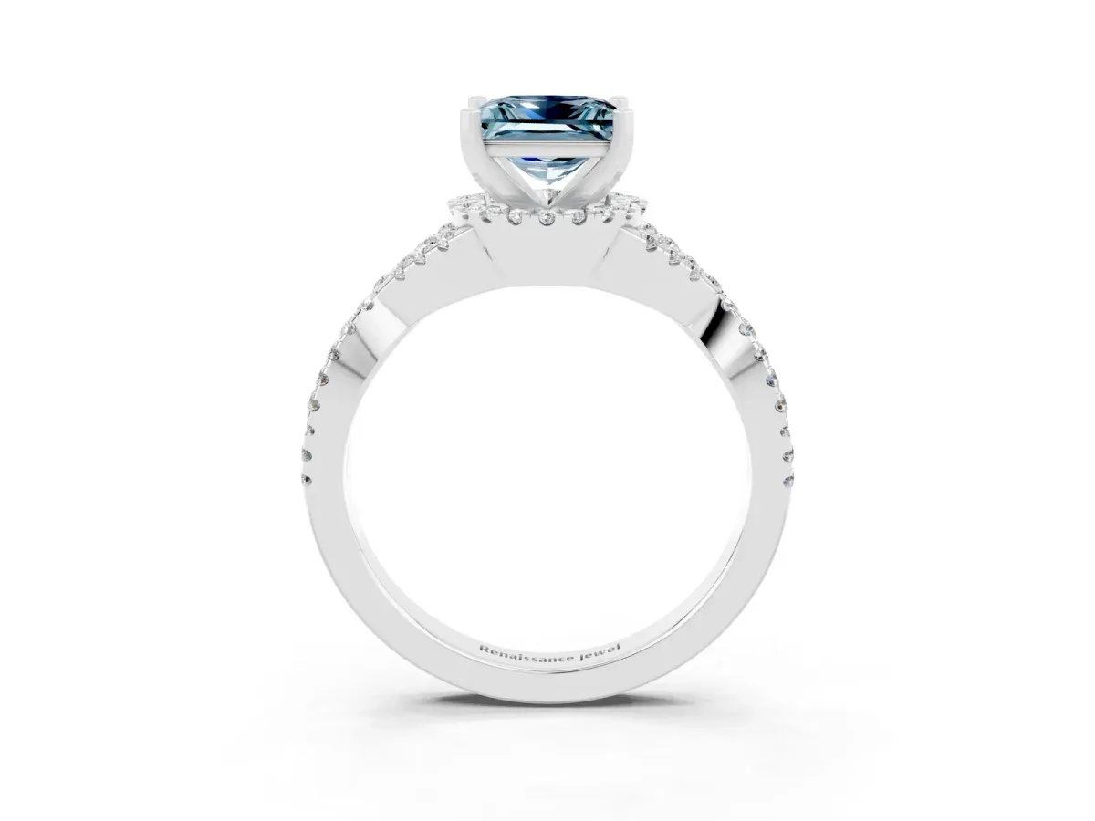 Princess Cut Aquamarine Halo Twist Band Solitaire Prong Setting Ring White gold