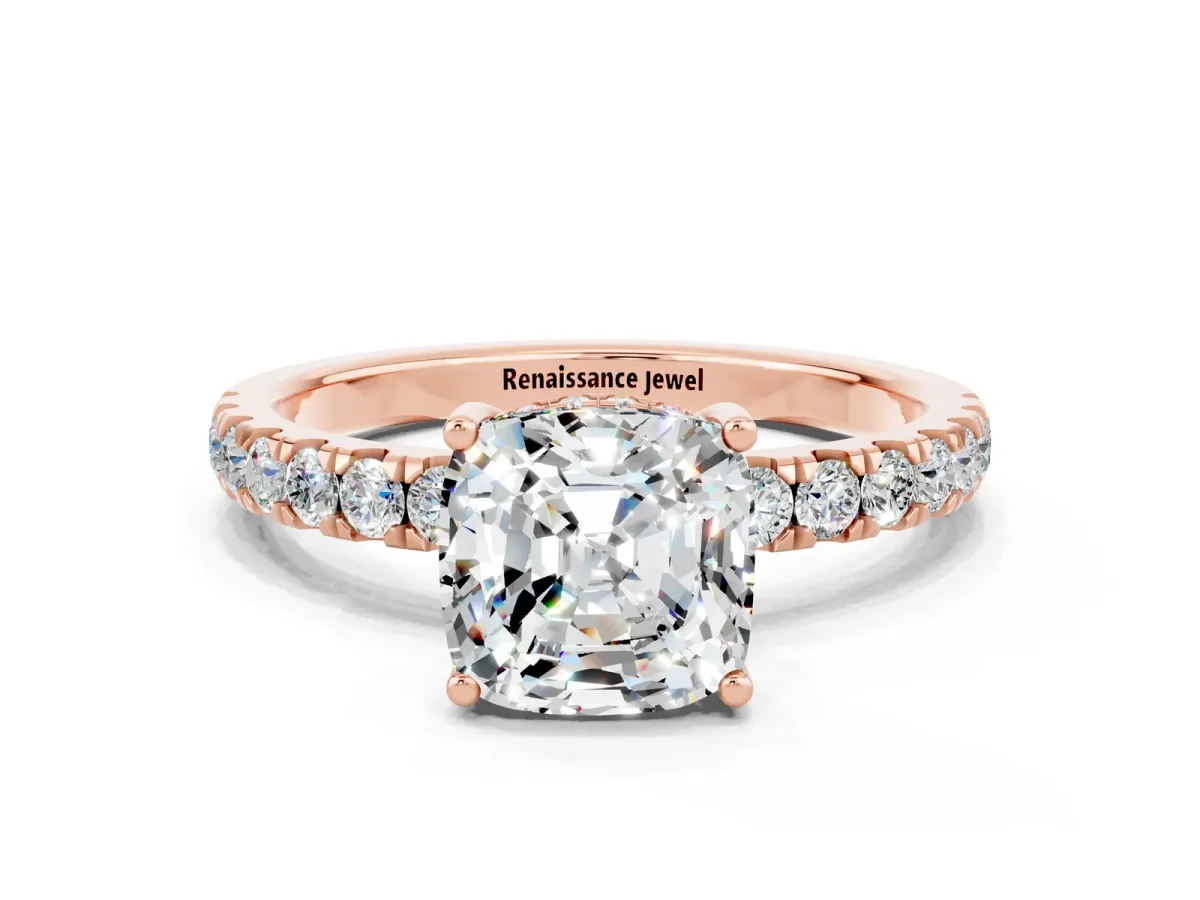 Cushion Cut Moissanite Pave Band Solitaire Ring with Round and Prong Setting Rose gold