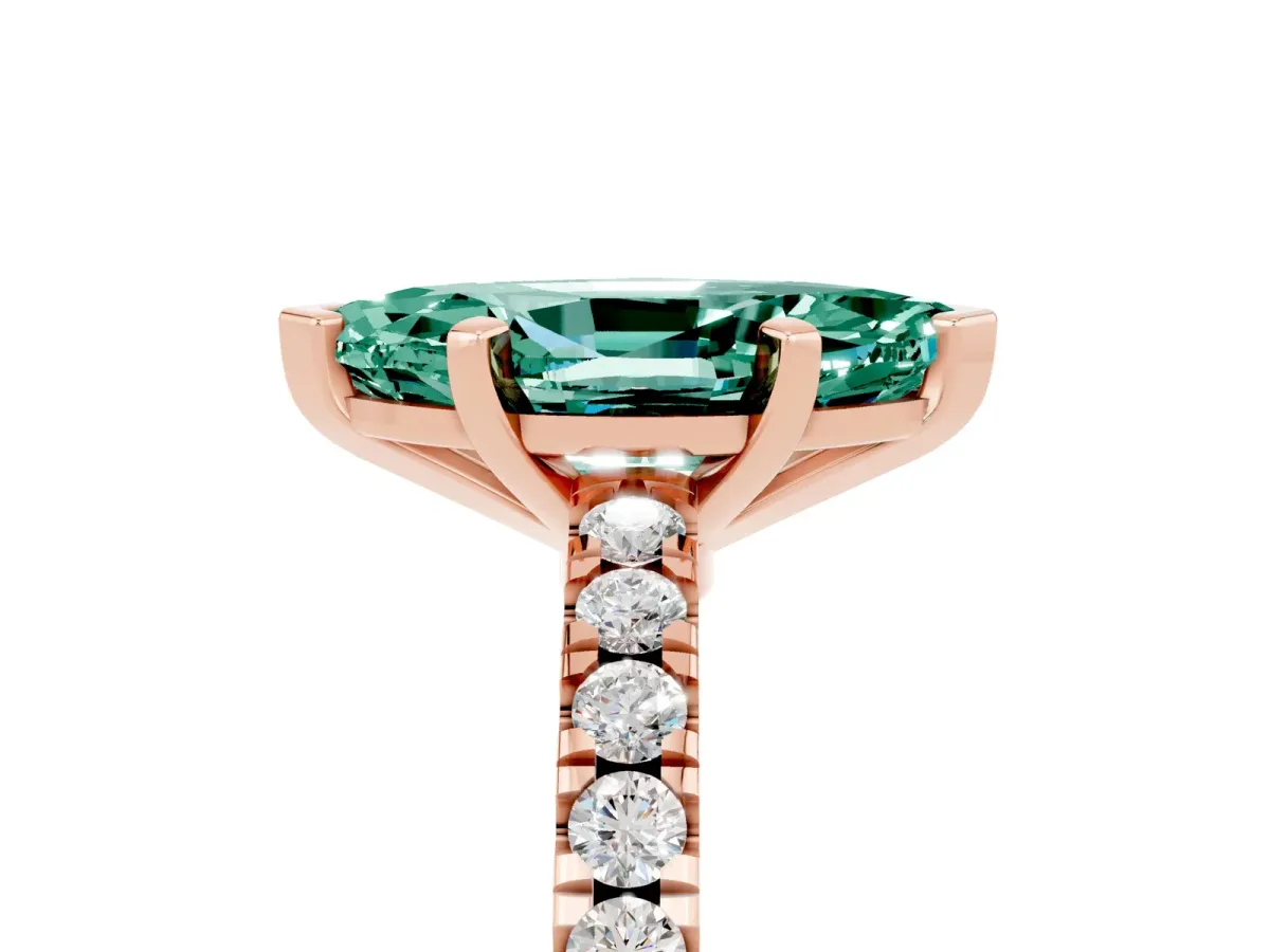 Marquise Cut Solitaire Green Sapphire with Pavé Band and Four-Prong Setting Rose gold