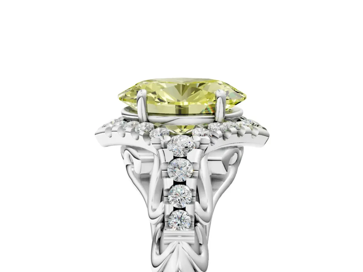 Fancy Yellow Oval Cut Diamond Solitaire Ring with Hidden Halo and Pavé Band White gold