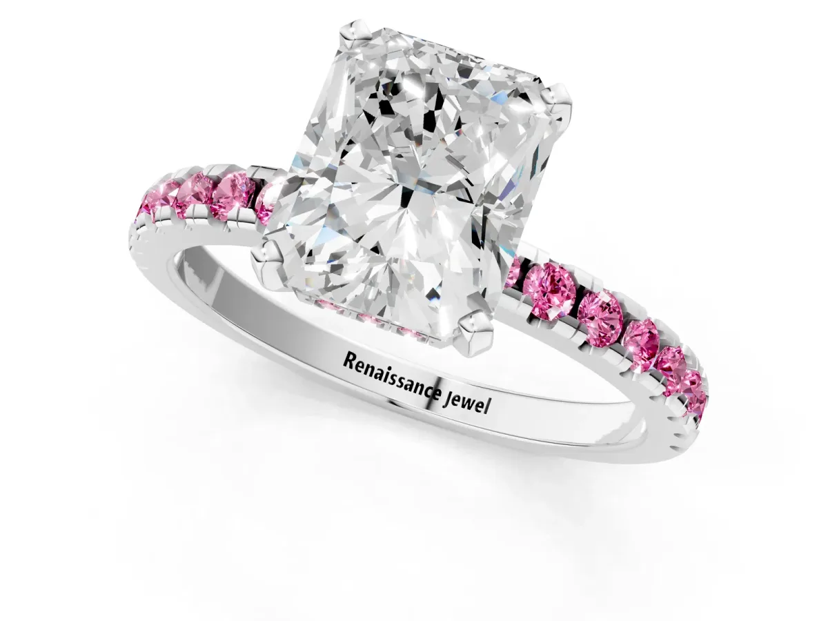 Radiant Cut Diamond Solitaire Ring with Round Pink Sapphire Pavé Band and Four-Prong Setting Platinum